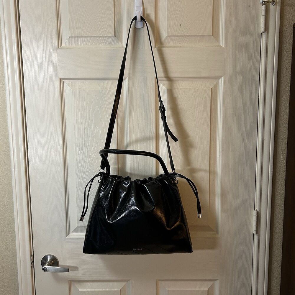 GUESS Amys Large Black Glazed Crinkled Crossbody Tote Boho Chic Slouchy NWT $130